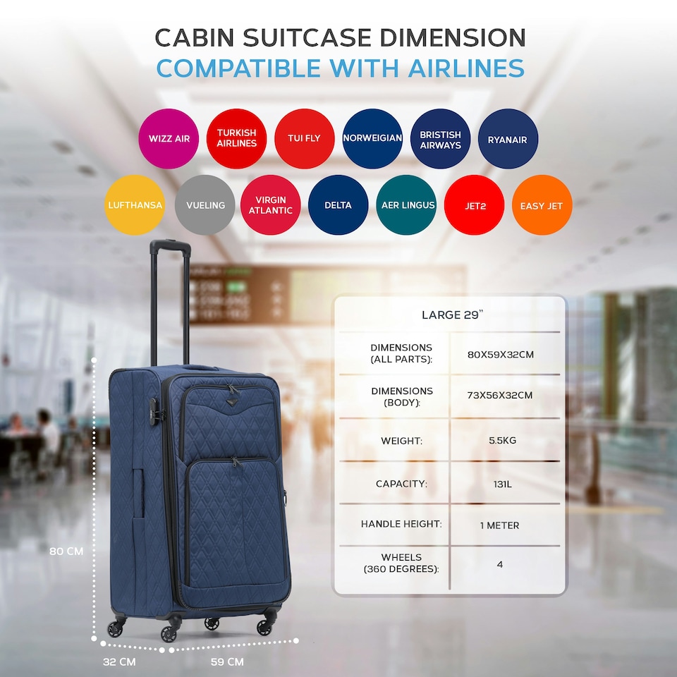 image 1 of Flight Knight Lightweight 4 Wheel 800D Soft Case Quilted Suitcases Anti Crack Cabin & Hold Luggage Options - 100+ Airlines Approved - easyJet, BA & Many More! Blue | Navy | Large