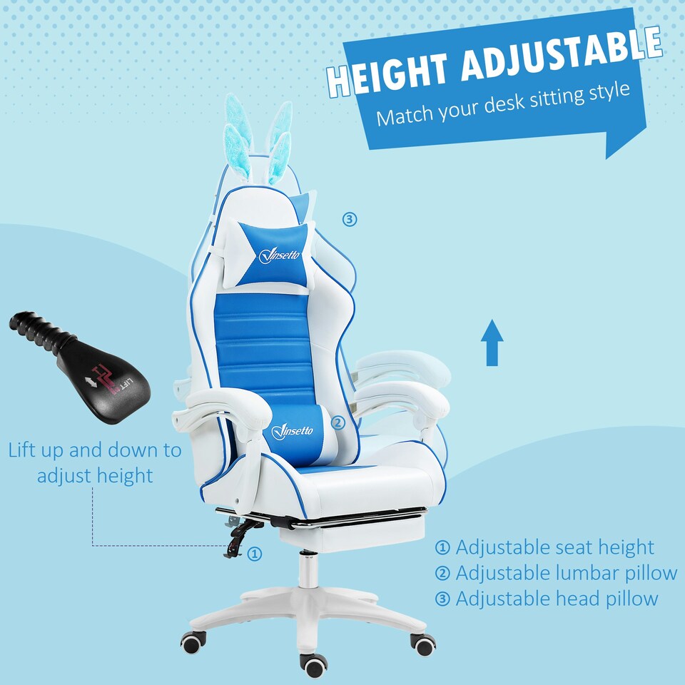 image 1 of Vinsetto Racing Style Gaming Chair with Footrest Removable Rabbit Ears, Yellow
