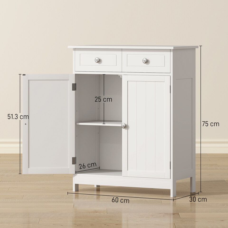 image 1 of kleankin 75x60cm Freestanding Bathroom Storage Cabinet Unit w  2 Drawers Cupboard Adjustable Shelf Metal Handles Traditional Style White
