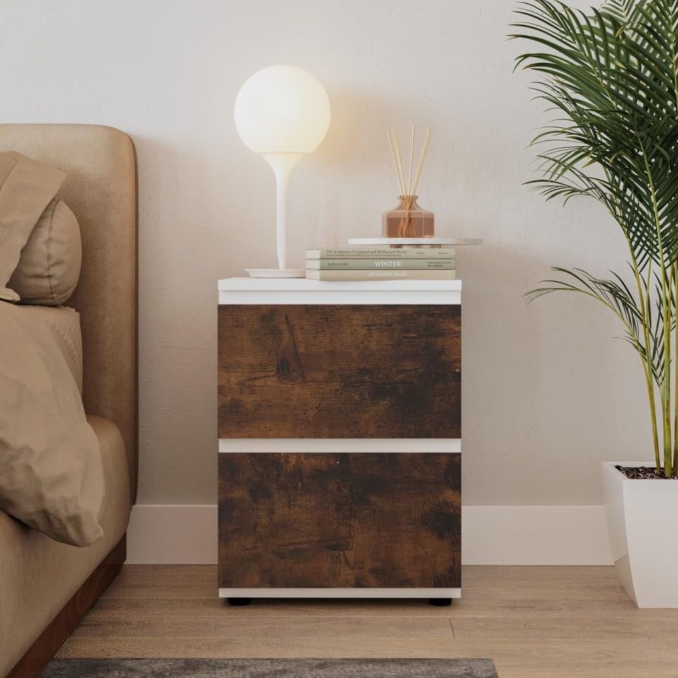 image 1 of URBNLIVING 2 Drawer Bedside Cabinet Handle Free Nightstand | Multi | White Carcass + Rustic Brown Drawers | 1