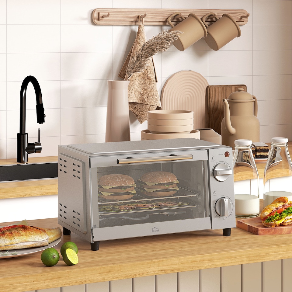 image 1 of HOMCOM Mini Oven, 9L Countertop Electric Grill, Toaster Oven with Adjustable Temperature, Timer, Dishwasher Safe Baking Tray and Wire Rack, 750W, Silver