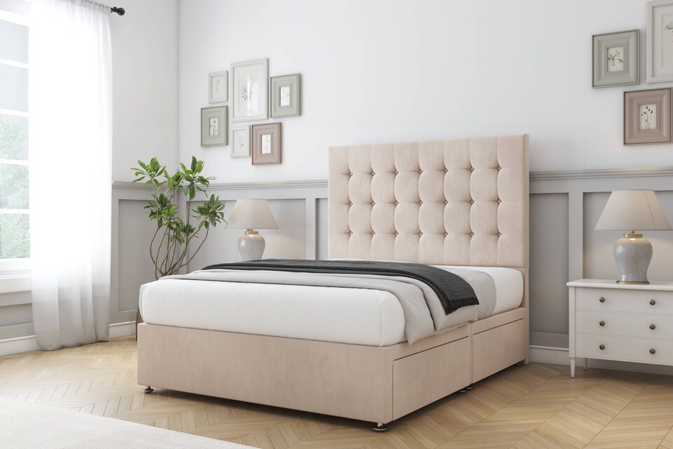 image 1 of Sloomy Alabama Sand Naples Divan Bed Base No Drawers With 26 Inch Strutted Headboard | Cream | Sand | King | 1