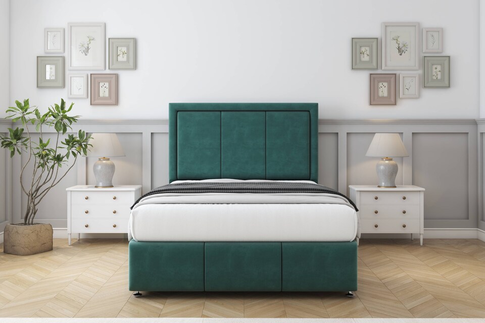 image 1 of Sloomy Lancaster Emerald Plush Divan Bed Base 2 Drawers Left Side With 26 Inch Strutted Headboard & 12 Inch Matching Footboard | Green | Emerald | Single | 1