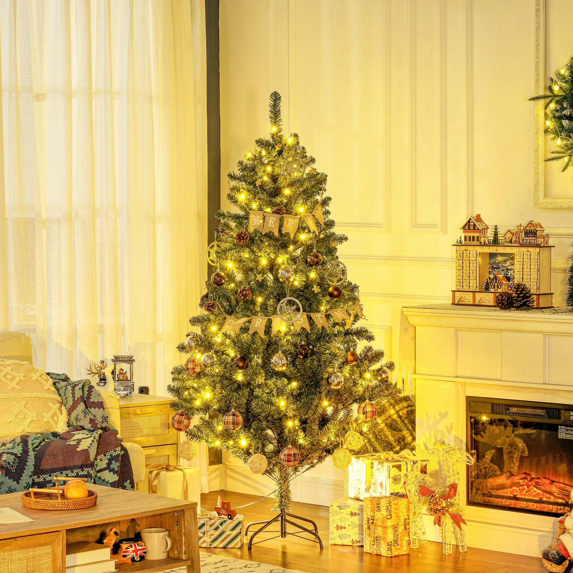 image 1 of HOMCOM 6ft Artificial Christmas Tree with LED Lights, Decoration, Auto Open
