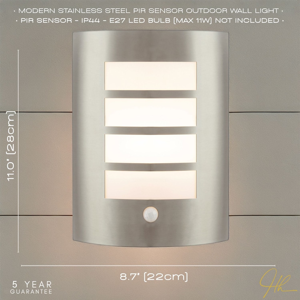 image 1 of Modern Outdoor IP44 Stainless Steel Flush Wall Lamp Fitting with PIR Sensor | Silver | Stainless Steel | 1