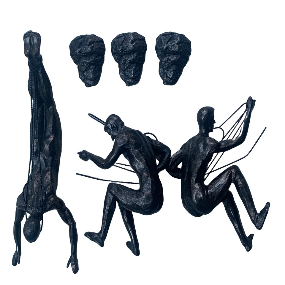 image 1 of Large x3 Bronze Colour Climbing Men With Nail Caps Wall Hanging Ornaments Art Installation Sculptures of Climber Figures on Realistic Metal Wires