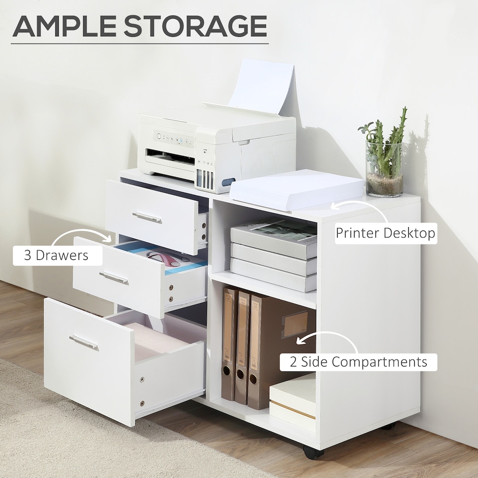 image 1 of HOMCOM Freestanding Printer Stand Unit Office Desk Side Mobile Storage w Wheels 3 Drawers, 2 Open Shelves Modern Style 80L x 40W x 65H cm - White