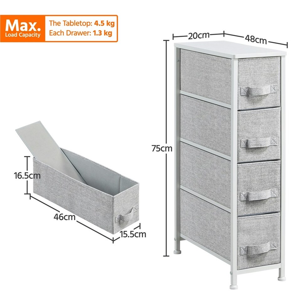 image 1 of Yaheetech Vertical Slim Storage Tower with 4 Fabric Drawers Grey | Light Grey
