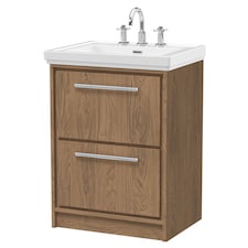 Balterley Longnor 2 Drawer Floor Standing Vanity Unit with 3 Tap Hole Traditional Fireclay Basin, Antique Oak, 600mm