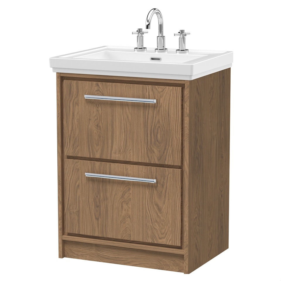 image 1 of Balterley Longnor 2 Drawer Floor Standing Vanity Unit with 3 Tap Hole Traditional Fireclay Basin, Antique Oak, 600mm
