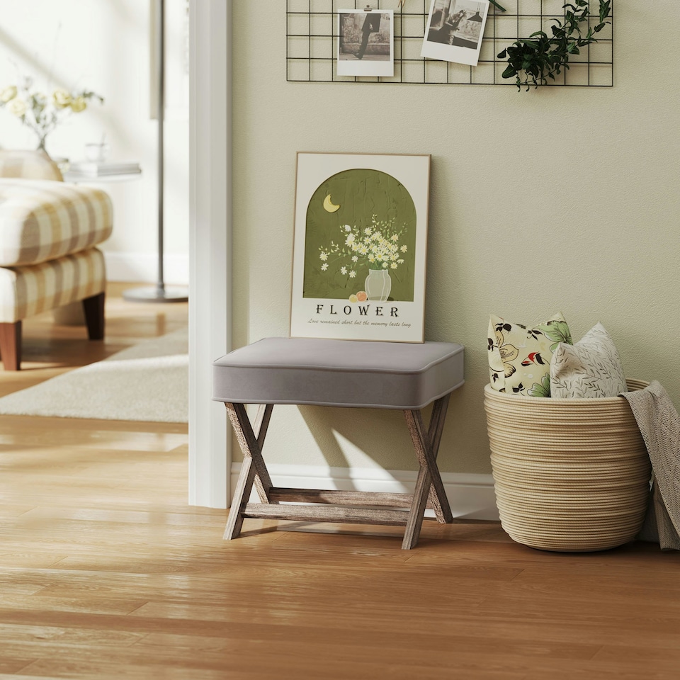 image 1 of HOMCOM Vintage Footstool Padded Seat X Shape Chair Velvet Cover Shabby Grey
