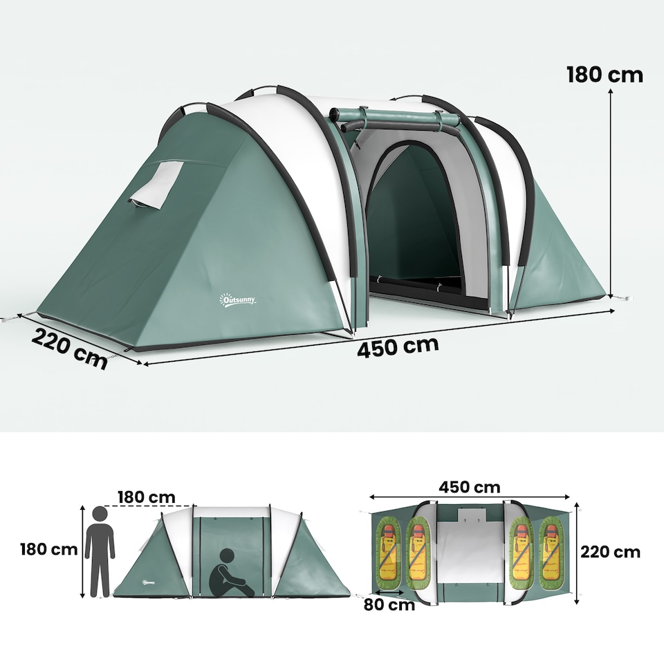 image 1 of Outsunny 2 Bedroom Camping Tent with Living Area, 3000mm Waterproof, Green