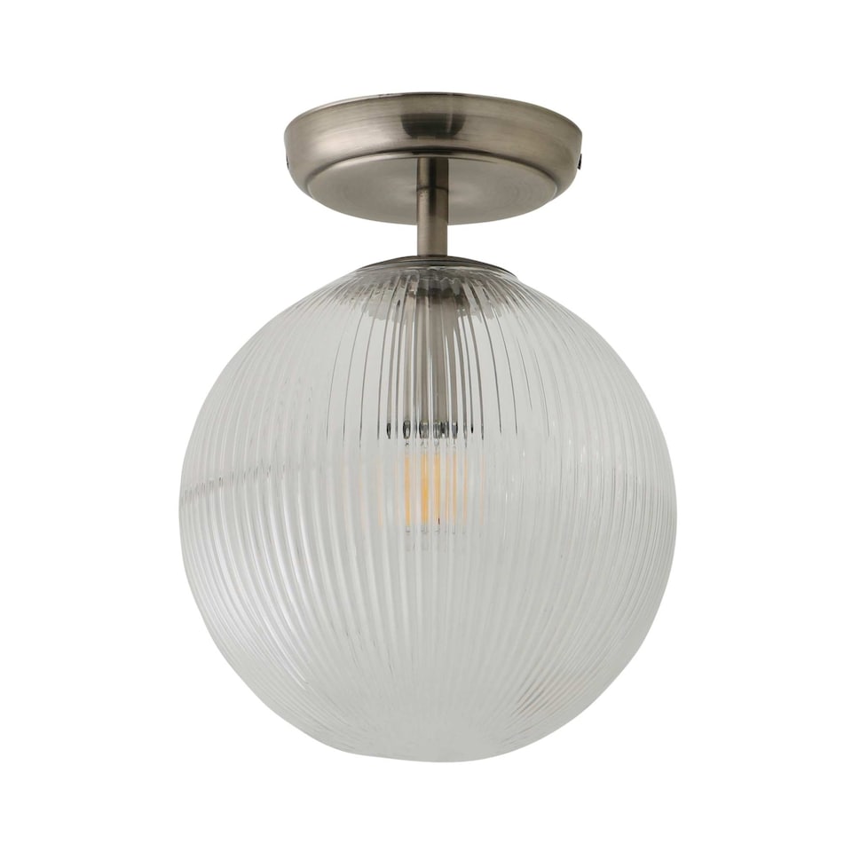 image 1 of ValueLights Kempton Brushed Chrome Ceiling Light Ribbed Globe Shade | Chrome
