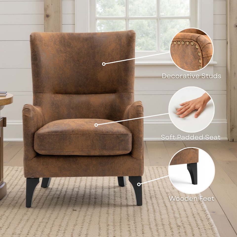 image 1 of Faux Leather Suede Brown Segovia Accent Wingback Chair