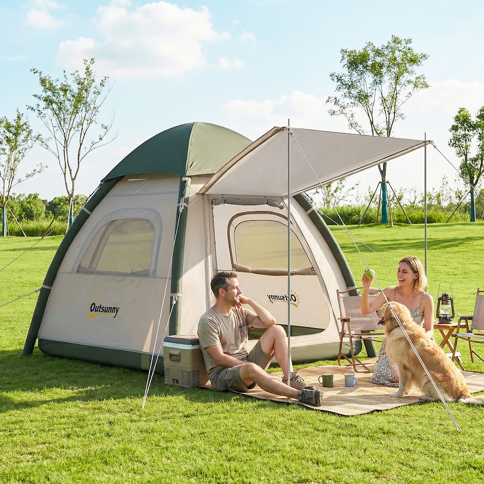 image 1 of Outsunny 3 Man Inflatable Camping Tent w/ 3000mm Waterproof Rainfly | Brown | Beige | 220 x 220 x 200 cm