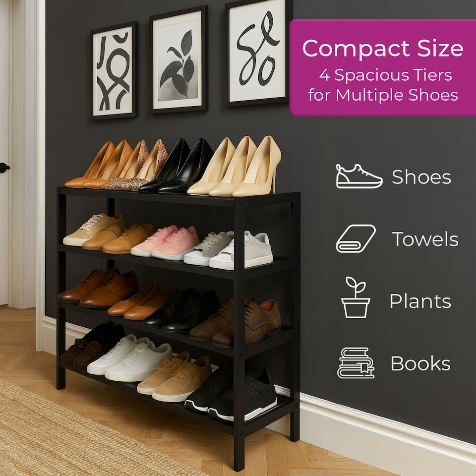 image 1 of Neo Black 4-Tier Bamboo Shoe Rack Wooden Shoe Storage Organiser Shelf for Hallway, Entrance Living Room | Black