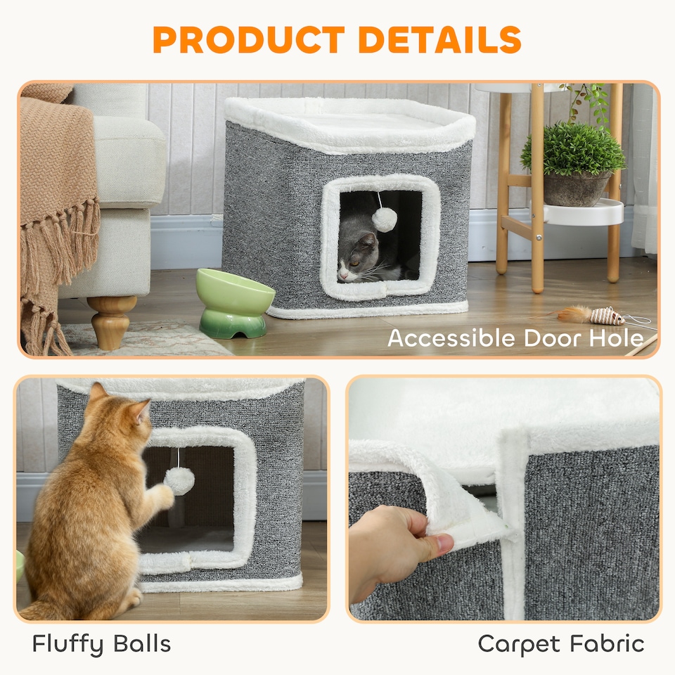 image 1 of PawHut Cat House for Indoor Kittens, 2-Level Cat Cave Bed with Fluffy Balls, Flush Top Bed, Kitten Barrel for Multi Kitties, Grey
