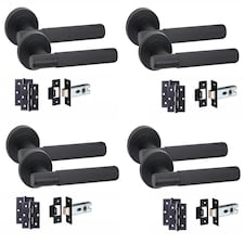 Golden Grace 4 Set Linear T-Bar Door Handles with Matt Black Finish with Latch and Ball Bearing Hinges | Black | 4 Set