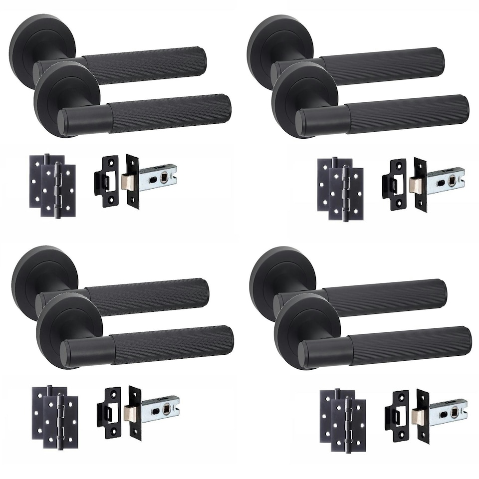 image 1 of Golden Grace 4 Set Linear T-Bar Door Handles with Matt Black Finish with Latch and Ball Bearing Hinges | Black | 4 Set
