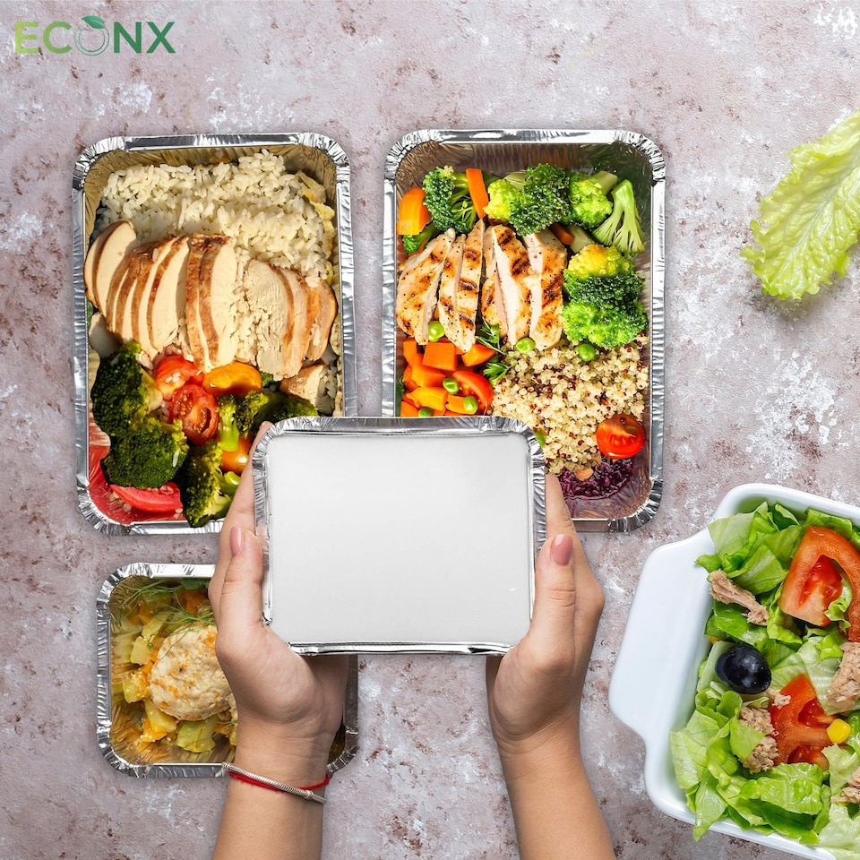 image 1 of ECONX No.2 Aluminium Disposable Foil Food Container With Lids Reusable Takeaway Containers 50PC