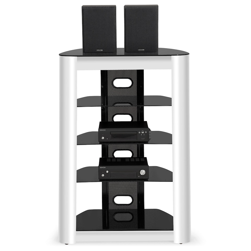 image 1 of Centurion Supports ZINNIA 5-Tier Black Glass Shelves with Gloss White Fascia Entertainment Media Audio Rack | White | Black | 1