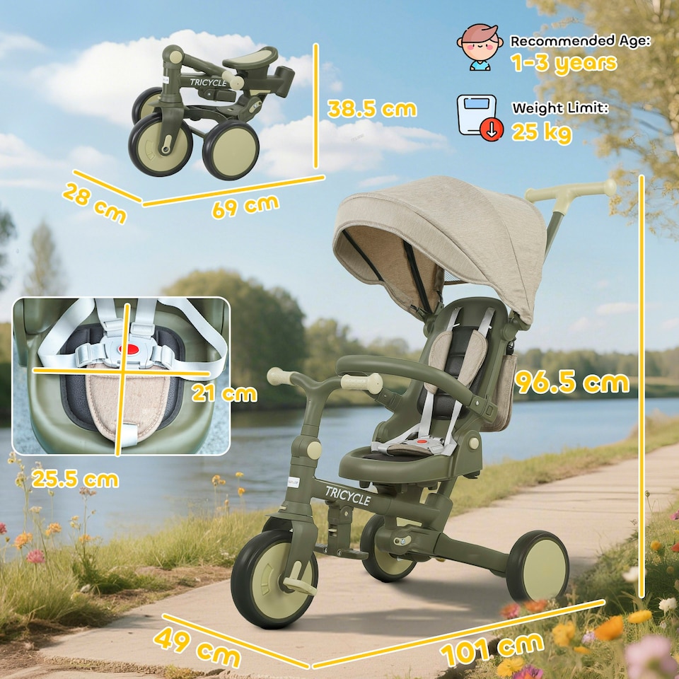 image 1 of AIYAPLAY 5 in 1 Foldable Kids Trike, Toddler Tricycle for 1-3 Years, Dark Green
