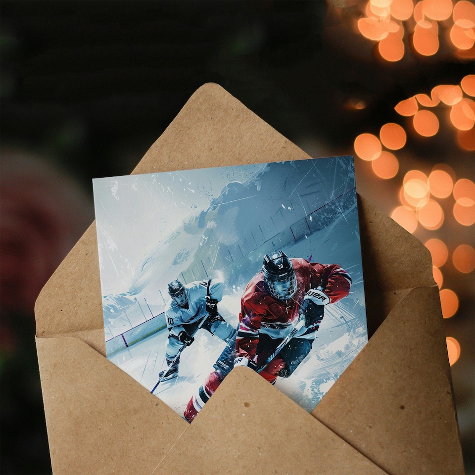 image 1 of Ice Hockey Players Game Oil Painting Winter Birthday Card