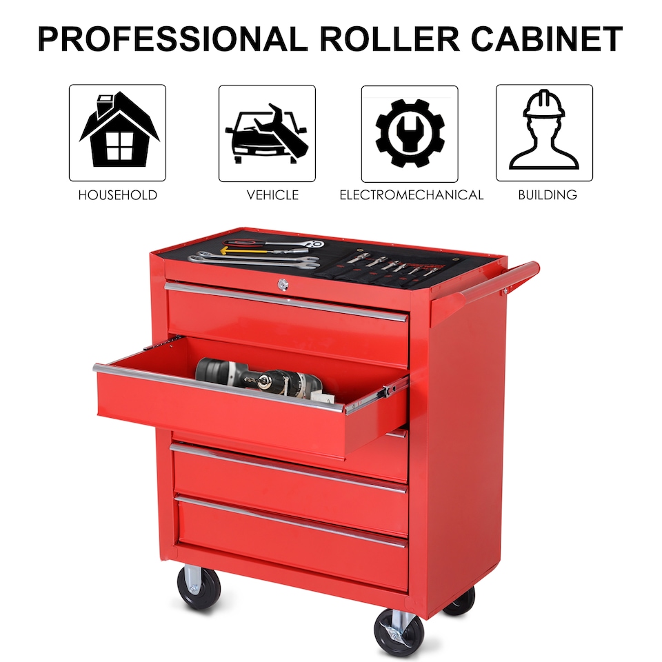image 1 of DURHAND 5-Drawer Lockable Tool Storage Cabinet with Wheels, Handle, 2 Keys, Steel Home Work DIY Workshop Chest, Garage Equipment Trolley, Red