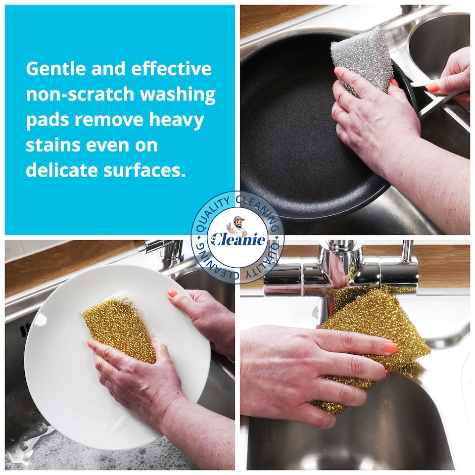 image 1 of Mr Cleanie Metalised Washing Up Non-Scratch Scourer Pads Cleaning Kitchen Bathroom 2-Packs x 2, You buying 4 pads.