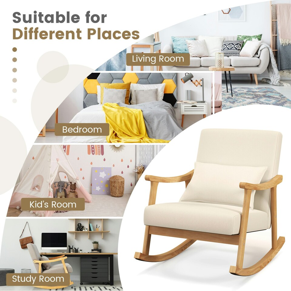 image 1 of COSTWAY Upholstered Rocking Chair Modern Rocker Wood Frame Beige White