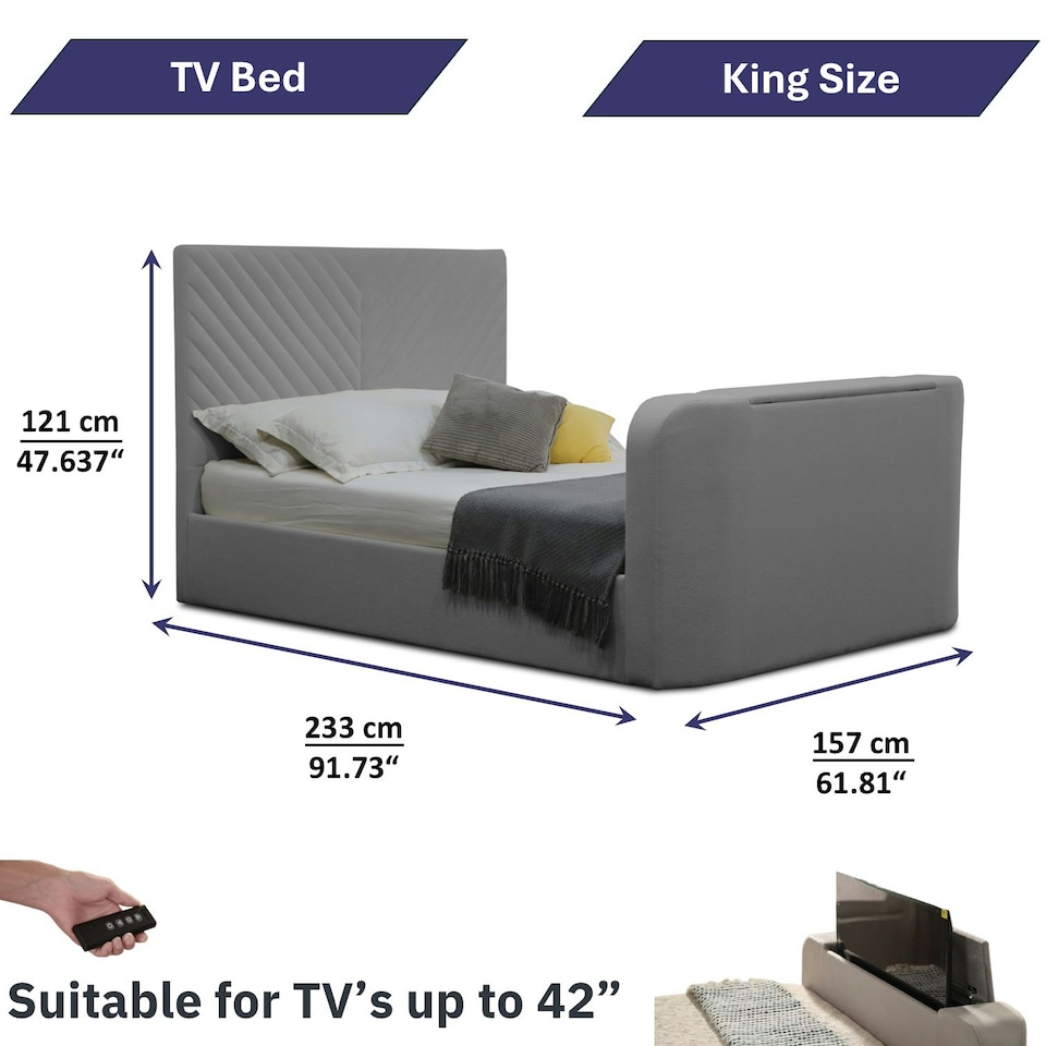 image 1 of Grey Velvet Criss Cross Ottoman TV Bed With Storage Smart Bed With Remote Control TV Footboard Operation – King Size