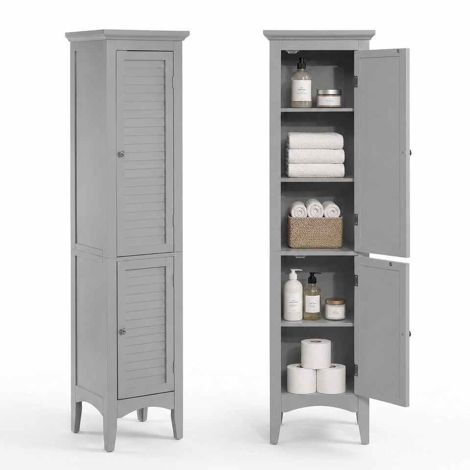 image 1 of Teamson Home Freestanding Linen Tower with Two Faux Louvered Doors, Gray, 63in