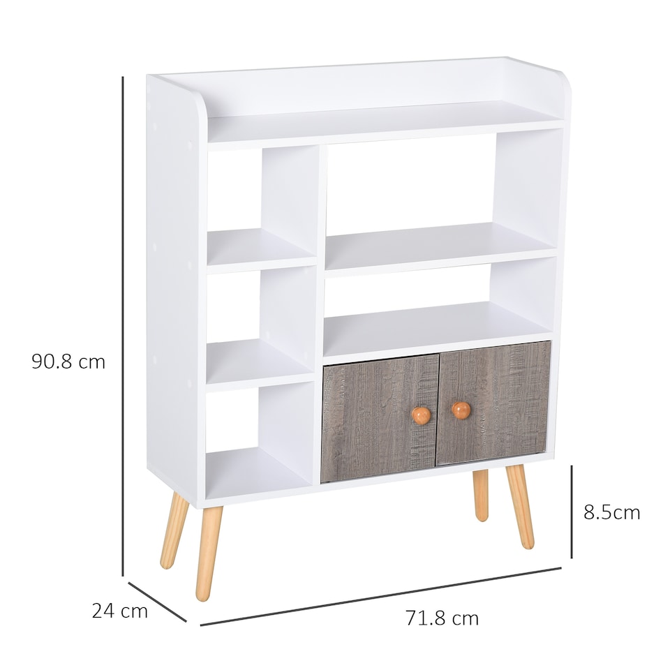 image 1 of HOMCOM Bookcase, Freestanding Book Shelf with Storage Cabinet, 6 Shelves and Wood Legs for Home Office Display, White and Grey, 24D x 71.8W x 90.8H cm
