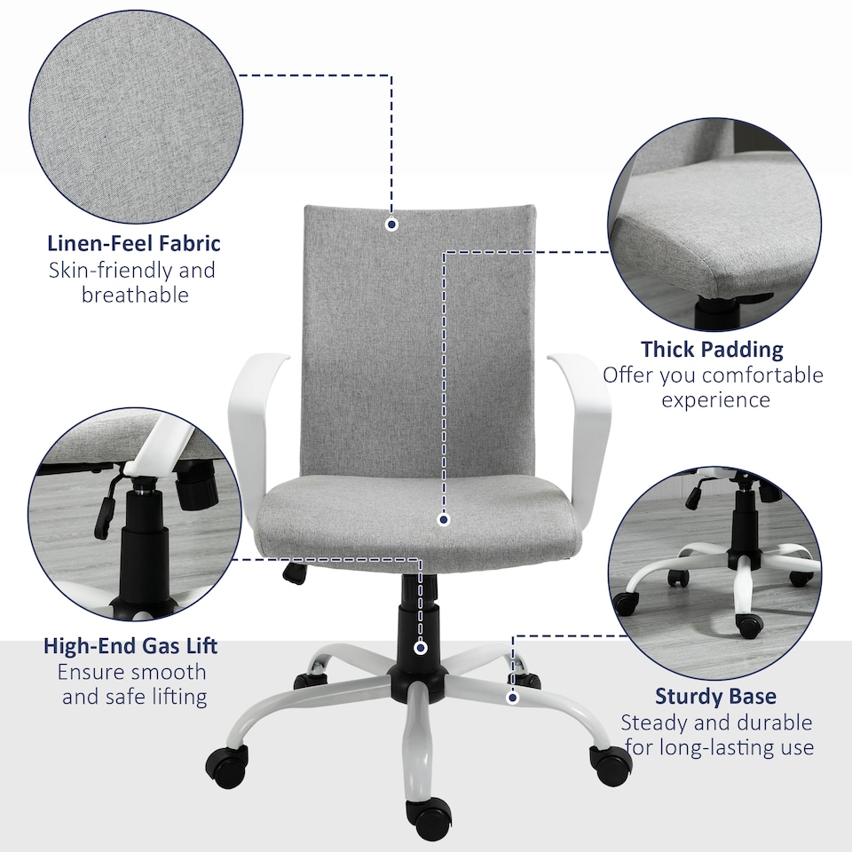 image 1 of Vinsetto Office Chair Linen Swivel Computer Desk Chair Home Study Task Chair with Wheels, Arm, Adjustable Height, Light Grey