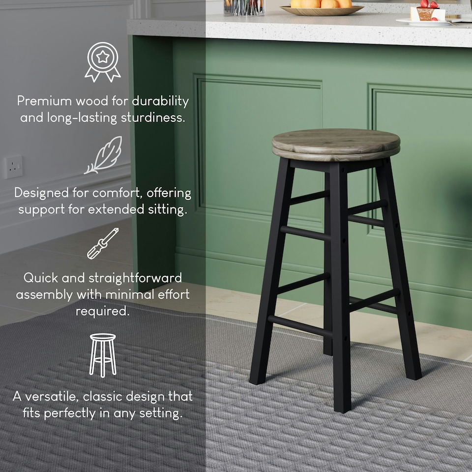 image 1 of Chef Vida Wooden Revolving Bar Stool, Black - Set of 2