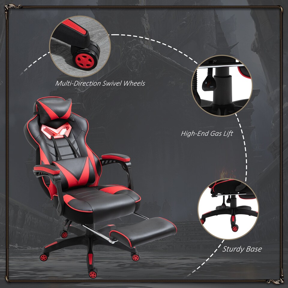 image 1 of Vinsetto Computer Gaming Chair, Racing Desk Chair with Lumbar Support and Footrest, PU Leather Gamer Chair with Headrest and Swivel Wheels for Home, Red