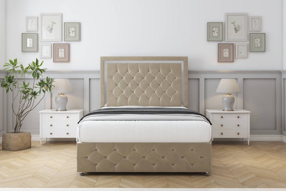 image 1 of Sloomy Sofia Chrome Almond Coniston Divan Bed Base 4 Drawers With 26 Inch Strutted Headboard & 12 Inch Matching Footboard | Cream | Almond | King | 1