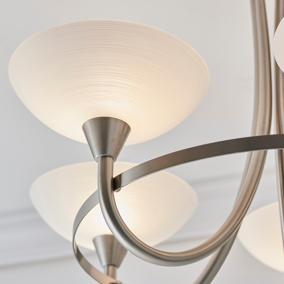image 1 of Cagney 5 Light Semi Flush Multi Arm Ceiling Light Satin Chrome, White Painted Glass with Faint Line Pattern, G9