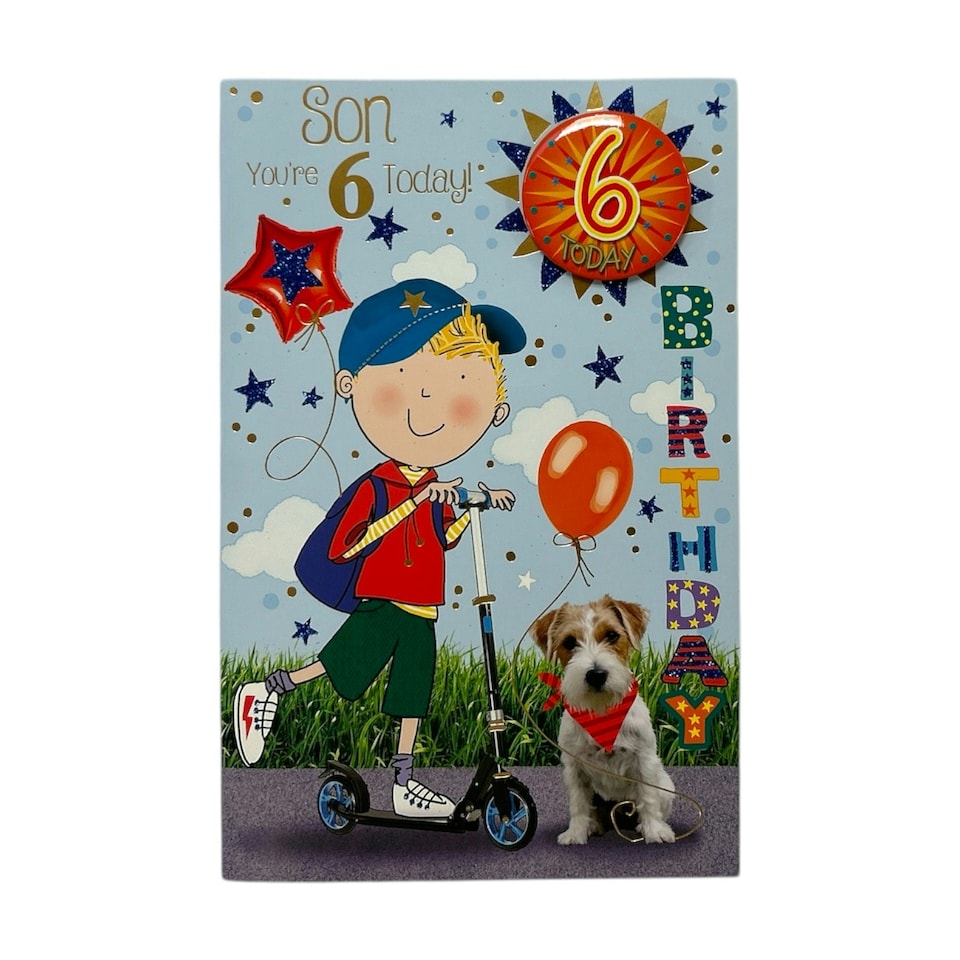 image 1 of Son Age 6 Boy Riding A Scooter Juvenile Birthday Card With Badge