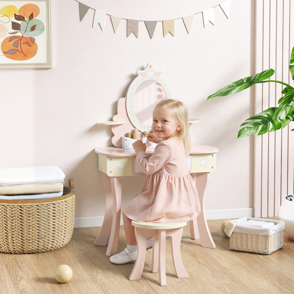 image 1 of AIYAPLAY Kids Dressing Table, Girls Vanity Set w/ Stool, 7 Play Accessories