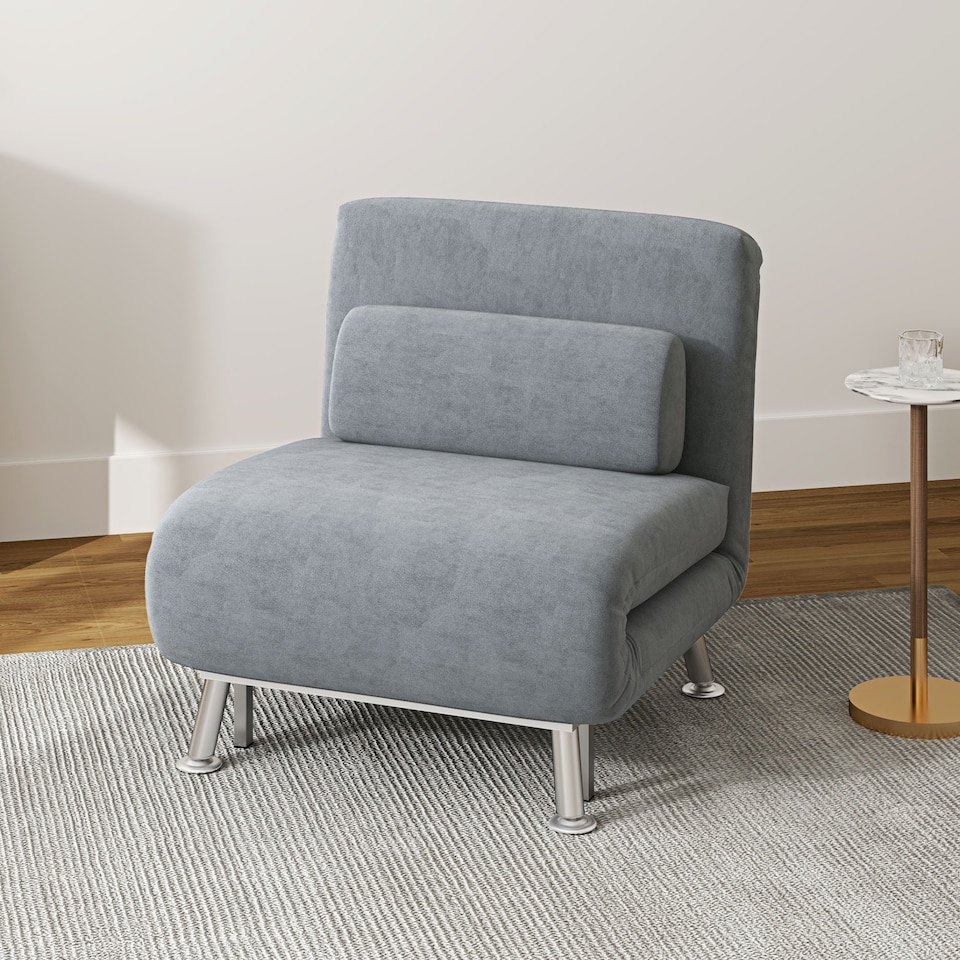 image 1 of HOMCOM Velvet Chair Bed, 3-in-1 Convertible Sleeper Chair with Adjustable Backrest, Pillow, for Living Room, Bedroom, Grey | Grey | One Size