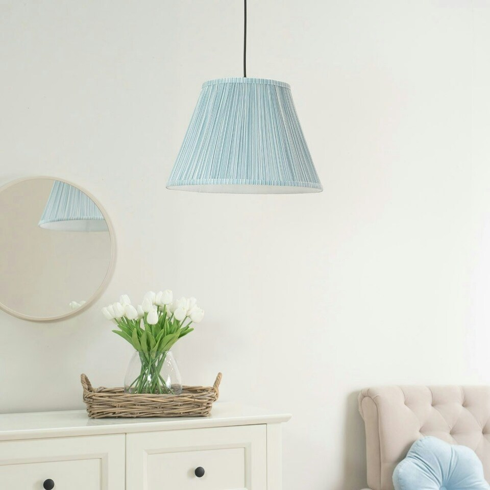 image 1 of ValueLights Laurenne Tapered Blue Pinstripe Fabric Pleated Easy Fit Large Lamp Shade & Bulb