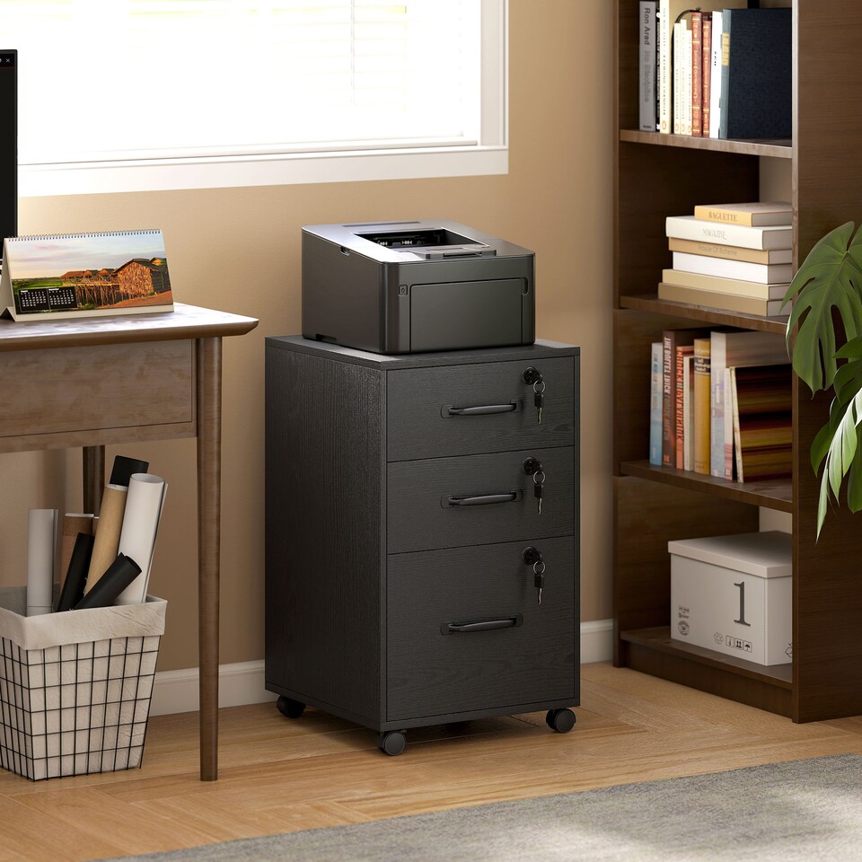 image 1 of HOMCOM Mobile Filing Cabinet with 3 Drawers and Wheels, Lockable Rolling Under Desk Drawers for A4 and Letter Sized Hanging File Holders, Printer Stand for Home Office, Black | Black | Black