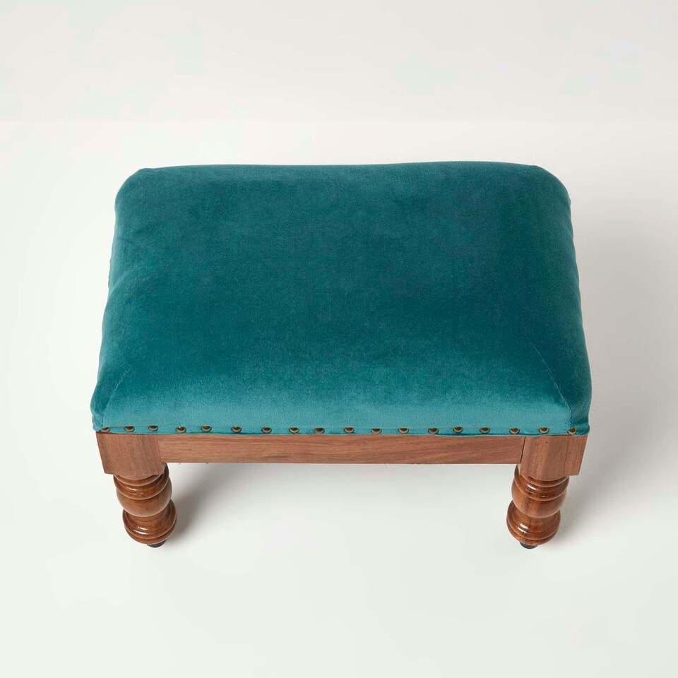 image 1 of Homescapes Mable Teal Green Velvet Rectangular Footstool