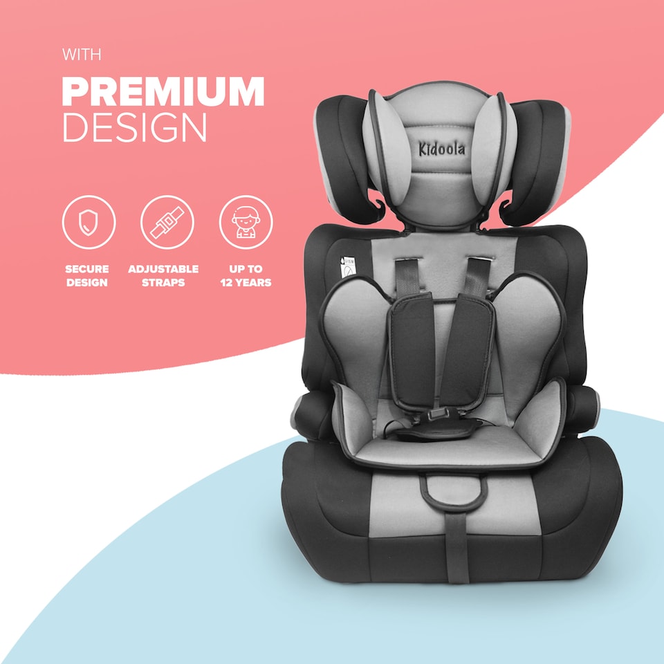 image 1 of Kidoola Adjustable Car Seat, 3 Age Functions, Toddler to 12 Years, Grey