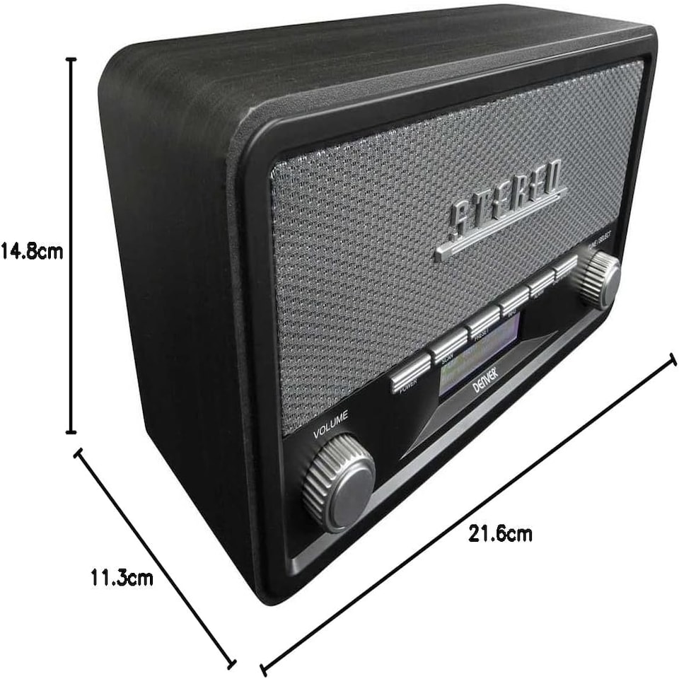 image 1 of Vintage Style Stereo DAB/DAB+ & FM Radio – Grey Wood Cabinet, Bluetooth, Clock Radio Alarm, AUX IN for Smart Phone/Tablet / MP3 Player – Mains or Battery