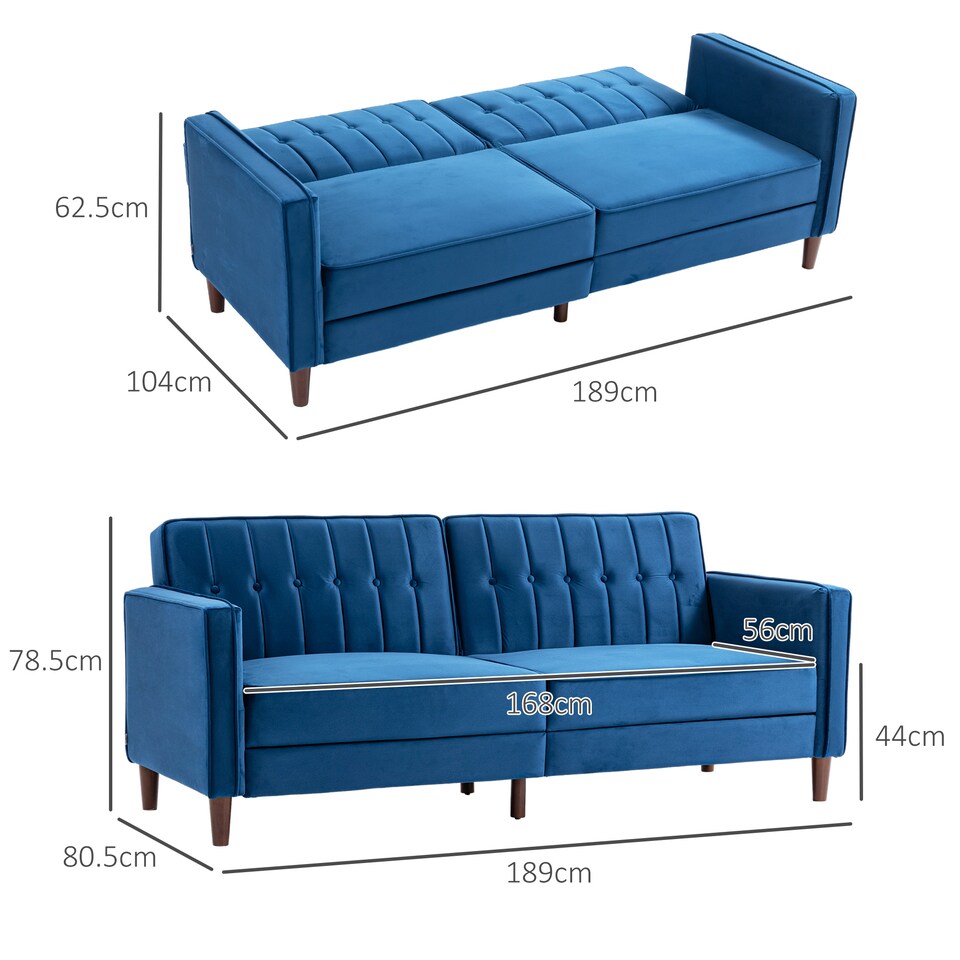 image 1 of HOMCOM Convertible Sofa Bed, 189cm Click Clack 3 Seater Sofa Bed, Button Tufted Velvet Sleeper Couch with Split Reclining Backrest and Rubber Wood Legs, Blue