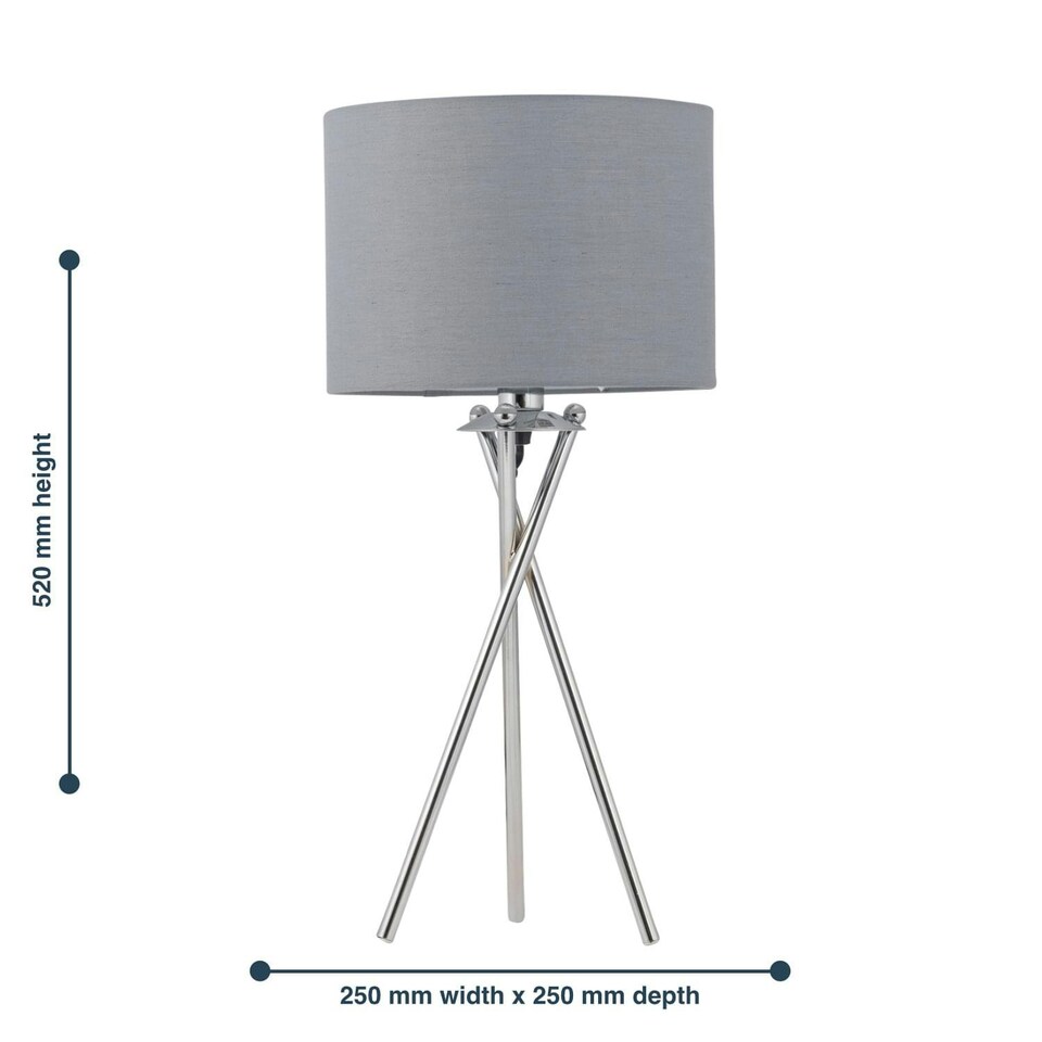 image 1 of First Choice Lighting Set of 2 Chrome Tripod Table Lamps with Grey Cotton Shades Chrome | Grey