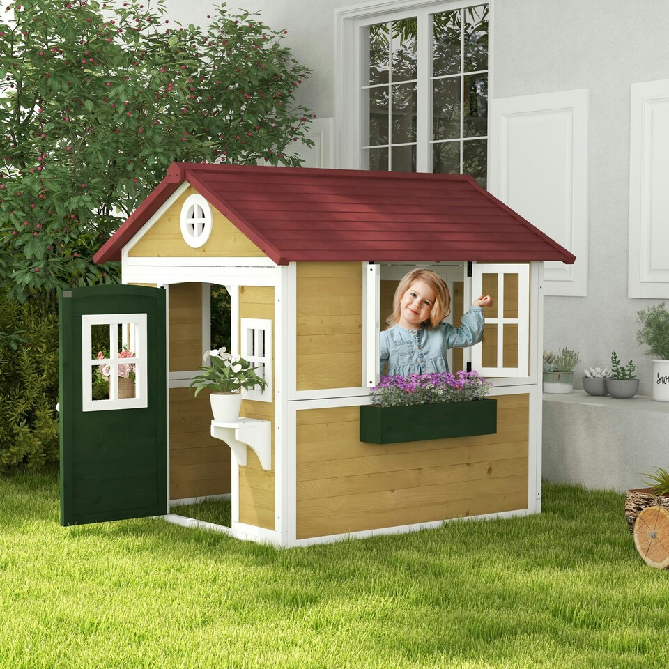 image 1 of Outsunny Wooden Playhouse with Doors, Wooden, Plant Pots for Kids - Beige