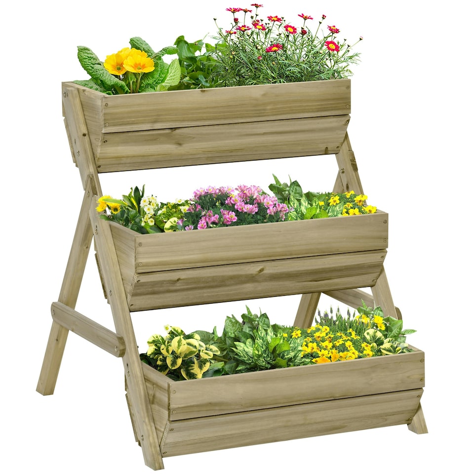 image 1 of Outsunny 3 Tier Raised Garden Bed Wooden Elevated Planter Box Kit, Brown